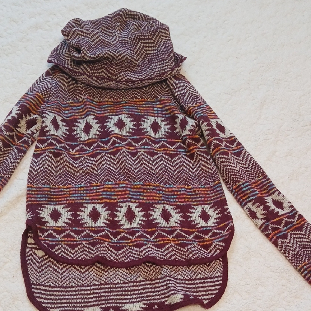 Red Camel Red and White Cowl Neck Sweater with Geometric Pattern